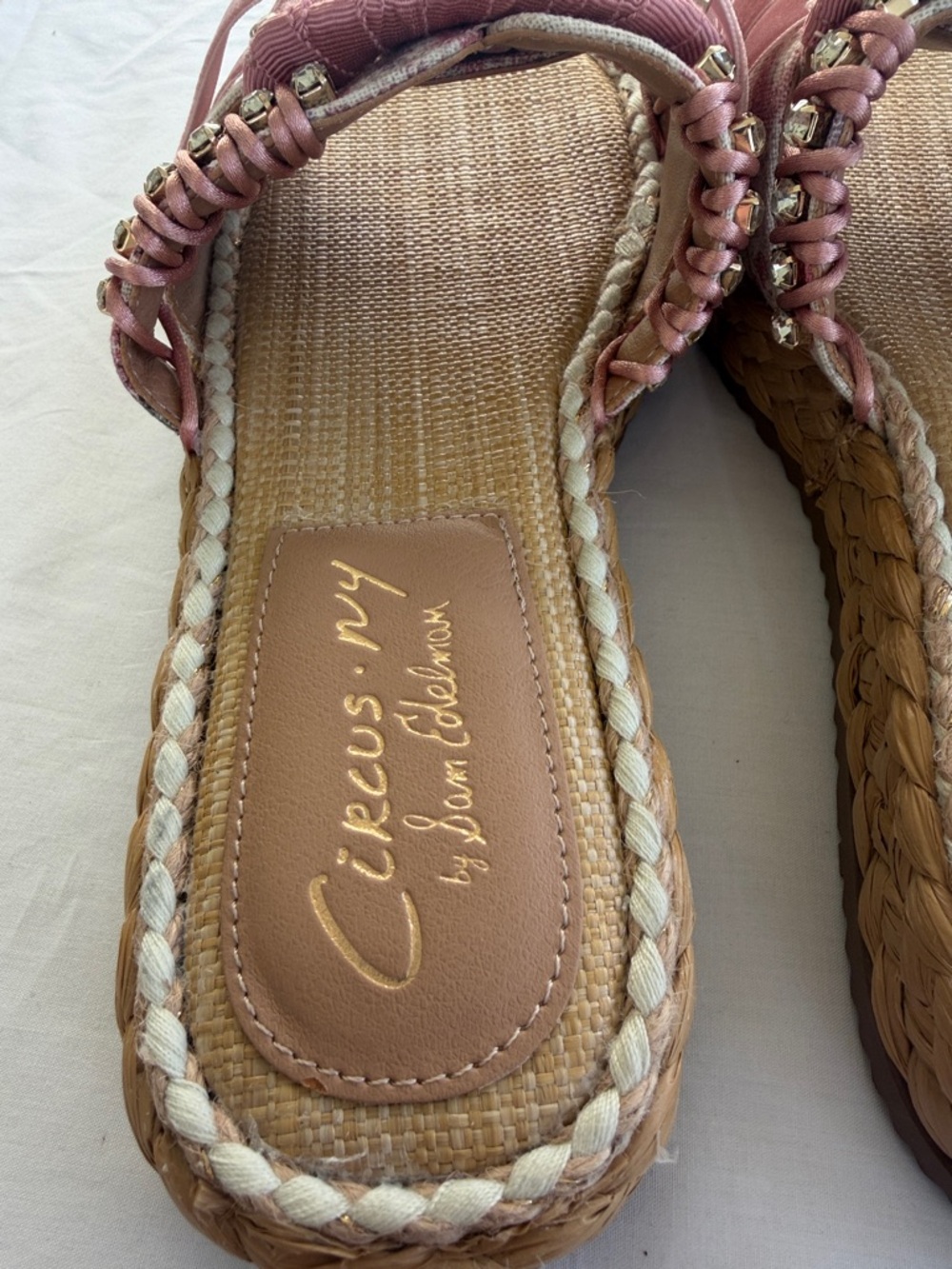 Sam Edelman Wyatt Sz 8 Pink Mixed media ribbon &  Rhinestone Sandals NEW - Picture 10 of 16
